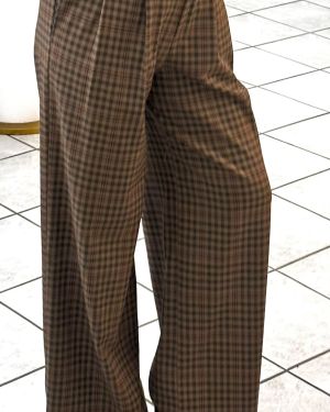 Pantalone Palazzo Tartan a Vita Alta – Tortora e Bordeaux
