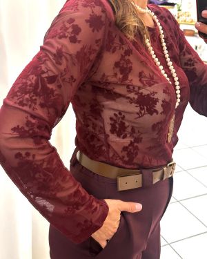 T-shirt in Tulle Floreale Bordeaux – Made in Italy